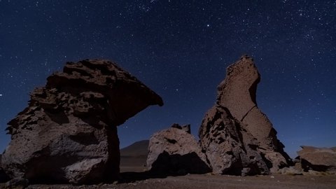 Night time- lapse 4k of Stone formation in Salar De Tara, Atacama Desert, Chile.