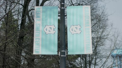 Chapel Hill, North Carolina - February 3 2020: UNC Tar Heels basketball banner near water tower