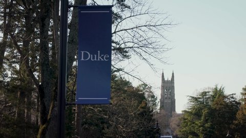 Durham, NC - February 3 2020: Duke University banner with admissions castle