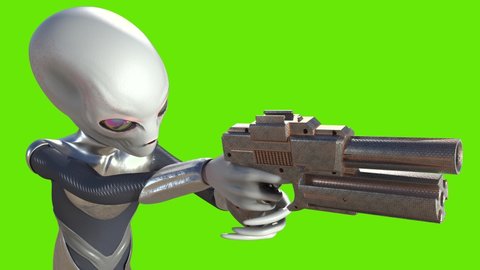 Gray Alien with Uniform Walkcycle Gun 4K Green Screen 3D Rendering Animation