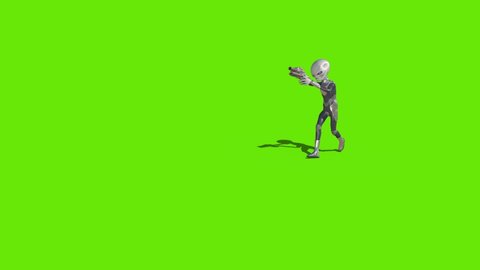 Gray Alien with Uniform Walks Gun 4K Front Green Screen 3D Rendering Animation
