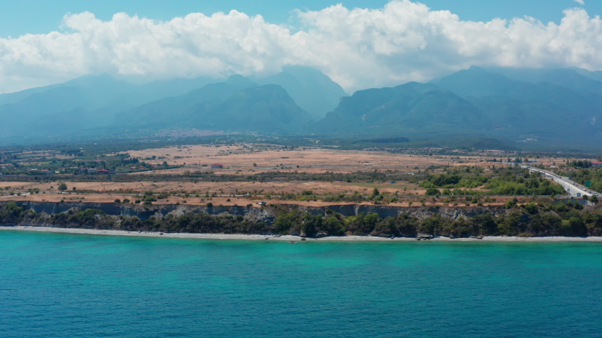 Beautiful summer aerial 4k footage of mountin Olimpus and sea shore in Leptokarya, Greece.