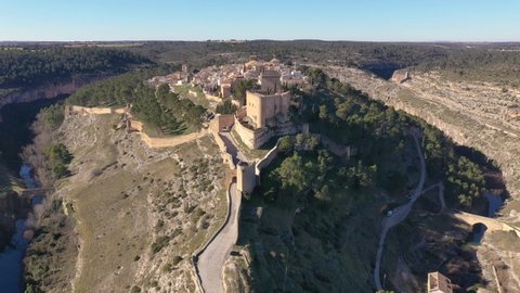 Aerial view of Alarcon castle and fortifications along the Jucar river in Cuenca province Spain