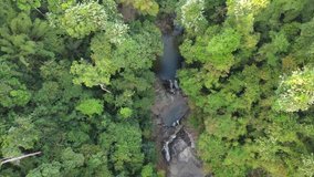 Aerial video of tropical jungle with river and waterfalls	