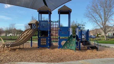 San Jose, CA - February 10, 2020: Park playground with slides and climbing features in the winter, no kids present. 