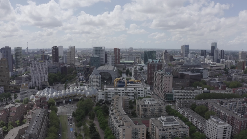 D-Log. Rotterdam, Netherlands. Panorama of the business part of the city. Cloudy weather, Aerial View