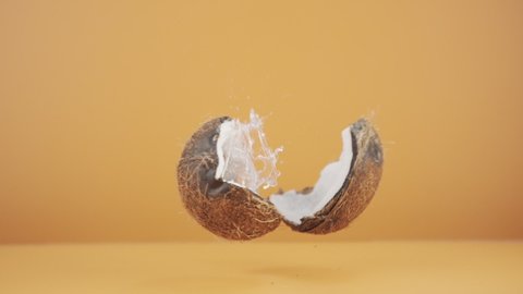 Close-up whole coconut falls on table and breaks up with splashes of milk in slow motion