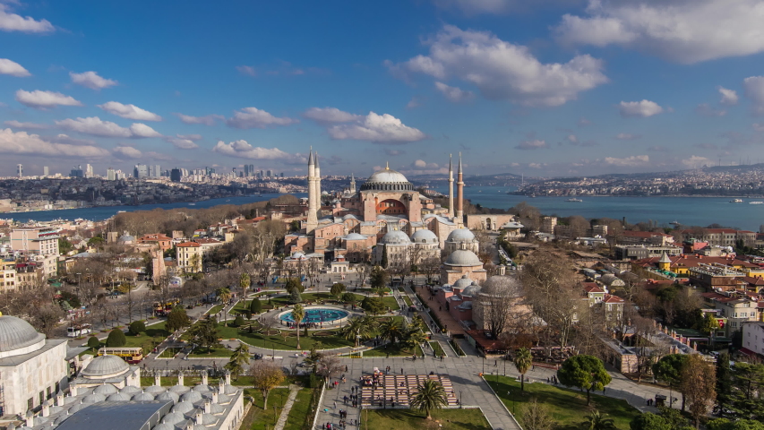 Hagia Sophia (Ayasofya) and Historical Peninsula. Timelapse.  4K Footage in Turkey