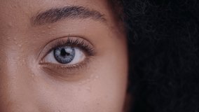 Human Eye Recognition Scanning Process. Close-up Half Face of Young African Woman Scanned Biometric Iris Reading for Facial Recognition. Face Detection. Augmented Reality. For Animation. - Powered by Shutterstock - Get 15% off with code: PIKWIZARD15