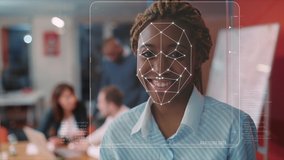 Face ID. Future Face Detection. Young Beautiful African Woman Office Worker is Identified by Biometric Facial Recognition Scanning Process. 3D Render Animation. Augmented Reality. - Powered by Shutterstock - Get 15% off with code: PIKWIZARD15