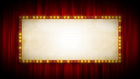 4k animation of a cinema or broadway theater background with marquee sign and red curtains