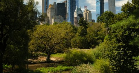 Manhattan, New York - September 21, 2019:  Apartment and condominium skyscraper residences rise up over the Manhattan skyline in Central Park in New York City USA