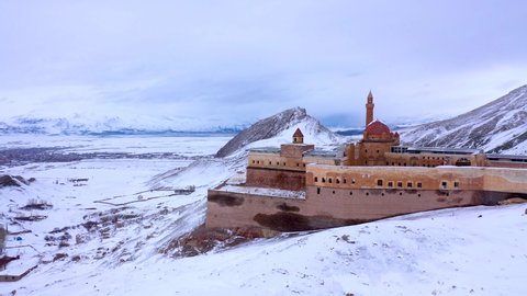 aerial view of Ishak Pasha Palace on a snowy day in Dogubayazit, Turkey