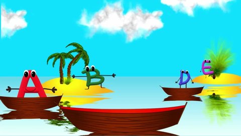 Alphabet animation. Cartoon alphabet on boats. Animation of multi-colored cartoon letters