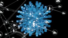Animation of network of connections with people and share icons with digital globe of computer icons spinning in the background. Global networking and connections concept digitally generated image. - Powered by Shutterstock - Get 15% off with code: PIKWIZARD15