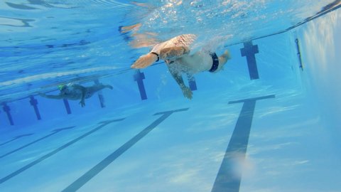 Underwater shot of professional tattooed male swimmer performing crawl stroke during training in swimming pool. Slow motion