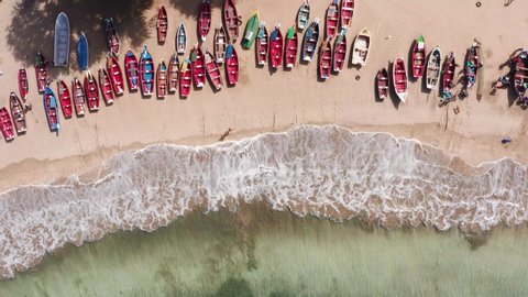 Aerial view of fishing boats in Tarrafal beach in Santiago island in Cape Verde - Cabo Verde