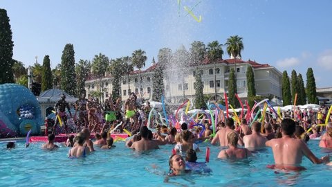 ANTALYA TURKEY 27 SEPT 2019: Party in the pool with foam and show program. Dancing in the summer in the hotel’s refreshing pool, lots of people have fun and dance.