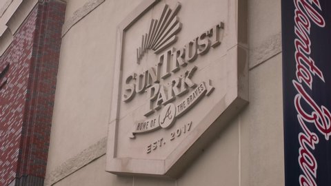 Atlanta, Georgia - February 5, 2020: MLB Atlanta Braves' SunTrust Truist Park logo on facade