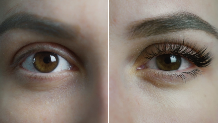 Eyelash Extension. Comparison of female eyes before and after. split screen video. 4k. | Shutterstock HD Video #1046995984