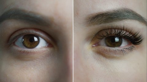 Eyelash Extension. Comparison of female eyes before and after. split screen video. 4k.