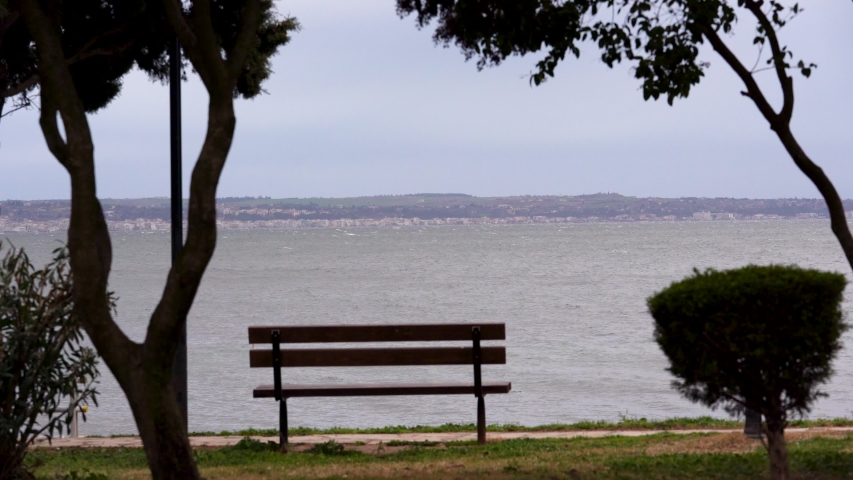 A bench on the beach in winter