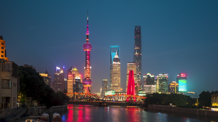 time lapse of sunset, Shanghai skyline and Waibaidu bridge, China Royalty-Free Stock Footage #1046997961