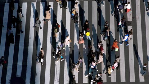 4K, Aerial view over a traffic cars and a crowd of pedestrian crossing street with a sunset light. Elevated view over an asian people walking in busiest road intersection. -Dan