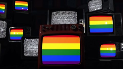 LGBTQ flags on a Retro TV Wall. Zoom In.