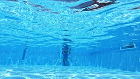Underwater view of a happy man swimming. Man is swimming under the water in pool and showing signs ok with his hands on camera.
