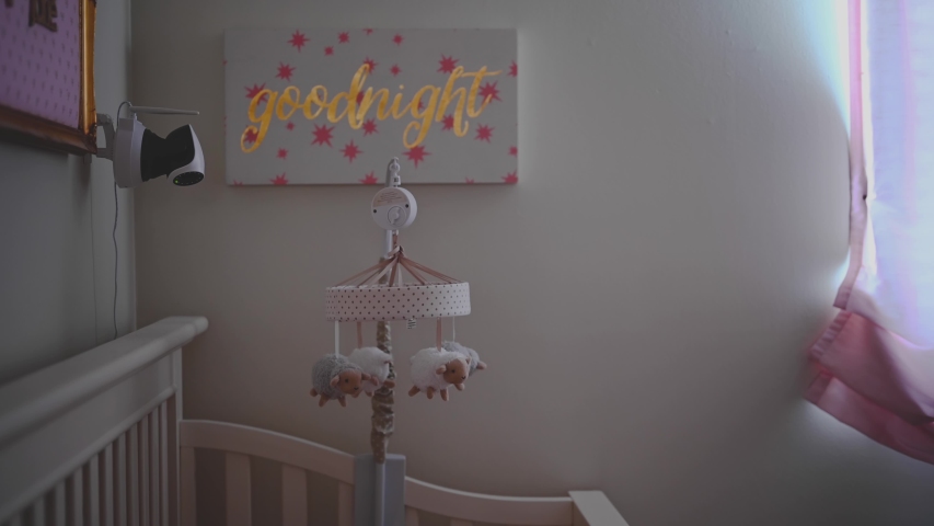 babys room with crib mobile and video monitor Royalty-Free Stock Footage #1047022492