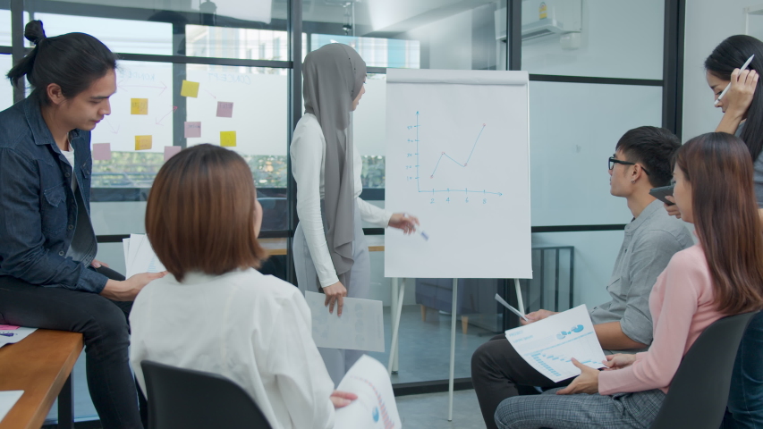 Young asian muslim presenting data results sale marketing on board in office. Asia woman show forcast plan and ideas to business partner or colleagues group enjoy teamwork in small office Royalty-Free Stock Footage #1047029473
