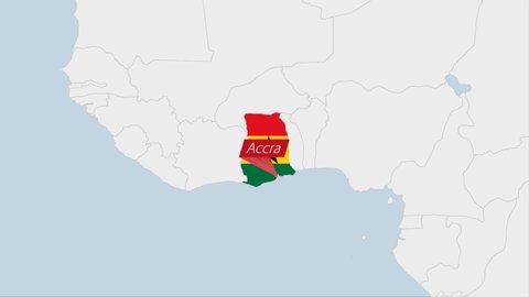 Ghana map highlighted in Ghana flag colors and pin of country capital Accra, map with neighboring African countries.