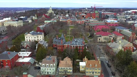 Providence, Rhode Island/United States - February 15, 2020: This is a beautiful aerial view of Brown University campus. Brown is a private Ivy League research university that was founded in 1764.