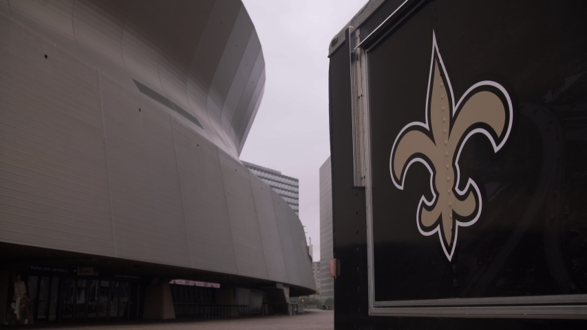 New Orleans, Louisiana - February 10, 2020: the NFL's New Orleans Saints' logo near Mercedez-Benz Superdome