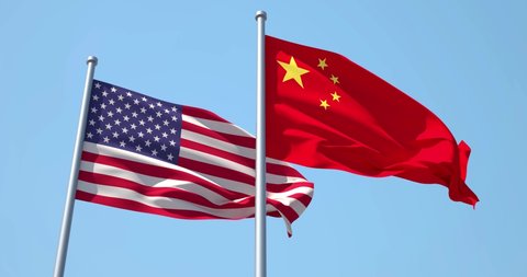China and USA flag on a flagpole realistic wave on wind not synchronously, solid background. The People's Republic of China (PRC) and The United States of America (USA).