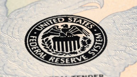 Federal Reserve System Seal on US 20 dollar bill tracking. Dolly shot. Low angle, macro. 4K