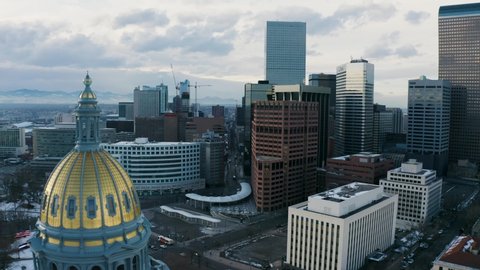 4k Aerial drone footage - Colorado State Capitol Building & the Skyline of the City of Denver Colorado at Sunset.