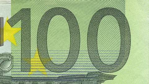 One hundred Euro cash macro view. 100 Euro Cash Stop Motion animation. Macro of banknote Euro. Euro money closeup. Concept - Finance Business Investment Success