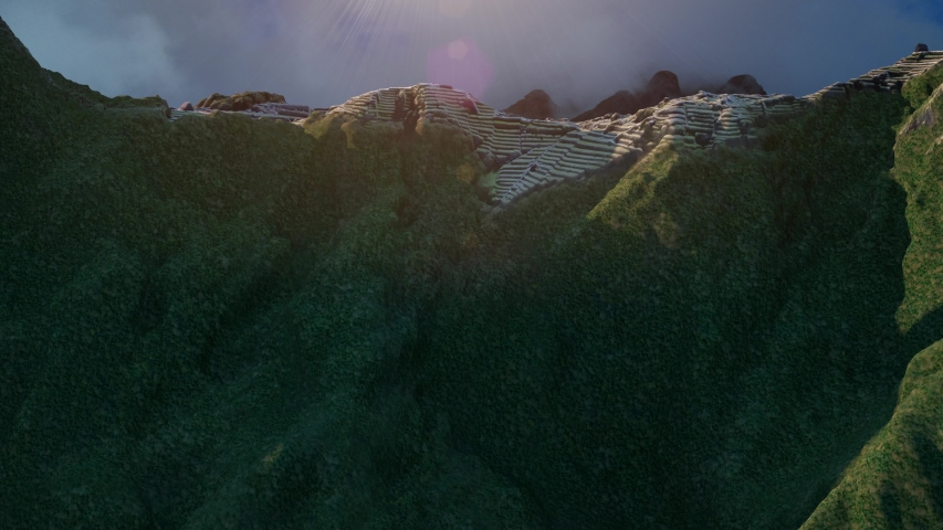 Top view of Inca style ancient city Machu Picchu with smooth camera movement - Realistic render animation