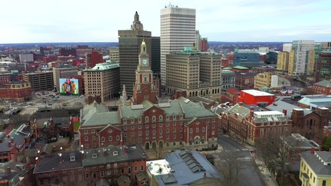 Providence, Rhode Island /United States - February 16, 2020: This is an aerial shot of Providence, Rhode Island skyline. Providence is the capital city of the U.S. state of Rhode Island.