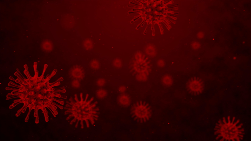 3D rendering animation of the virus on the dark red background, with dark and grain processed