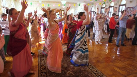 Donetsk, Ukraine - March 1, 2019: Hare Krishna people dancing