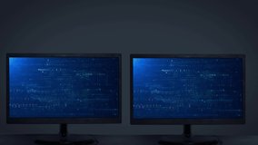 Two computer monitor displaying program security hacking code data. Shot in 4k resolution - Powered by Shutterstock - Get 15% off with code: PIKWIZARD15