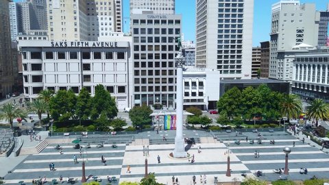 San Francisco, California, USA - August 2019: Union Square aerial view with skyscrapers and people walking