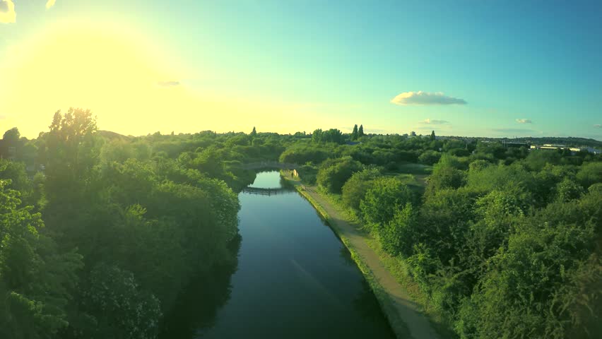 Aerial view over houses in English countryside