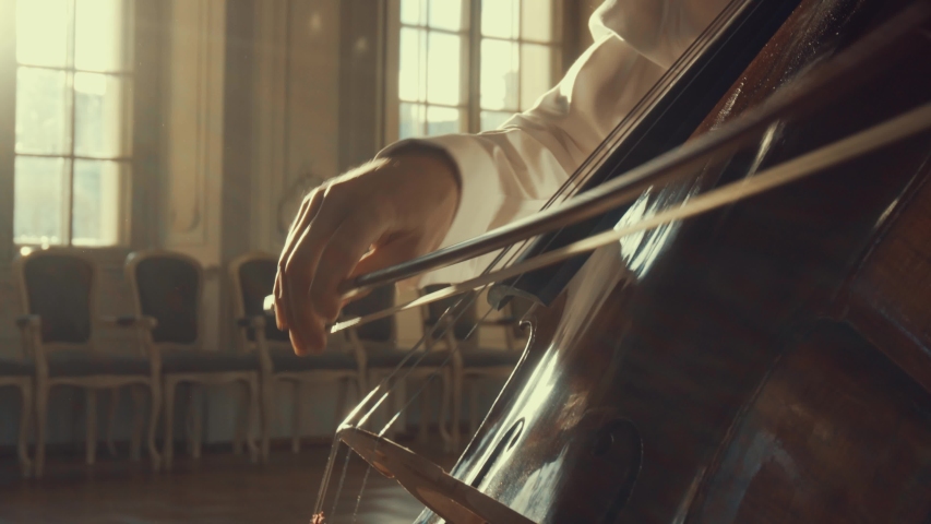 Man cello player playing violoncello. Close up of Man hand playing cello. Cello player playing cello bow. Cellist performs in classic interior hall with sun flares in motion. | Shutterstock HD Video #1047090625