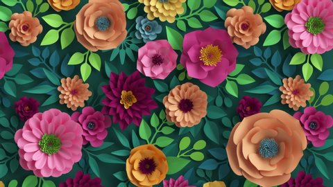 3d render, abstract pink peachy orange paper flowers appearing over dark green background, colorful botanical motion design, blooming live image, creative floral wallpaper