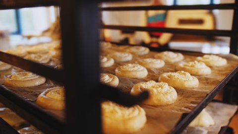 rows of fresh raw pies with sweet cheese on metal rack with parchment ready for baking in brightly lit bakery workshop Video de stock