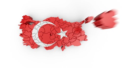 Map of Turkey with flag, top view. Formed by individual states falling from top to bottom on white background. Animation with alpha matte